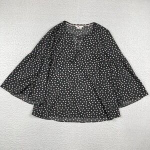Boden Shirt Womens 6 Gray Pink Polka Dot Blouse Career Boho Tie Neck Bell Sleeve